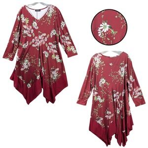 Amzplus Floral Print Long Sleeve Asymmetric Hem Flowy Dress Red Womens‎ Plus 3XL